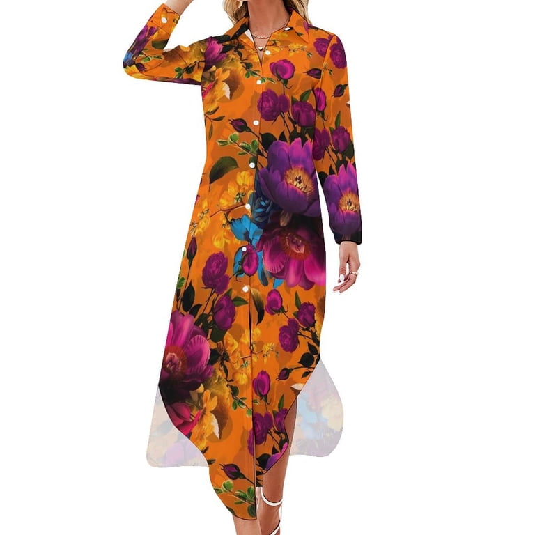 2024 Retro Flower Print Casual Dress Mystic Botanical Stylish Dresses Long  Sleeve Beach Women V Neck Design Oversize Chiffon Dress
