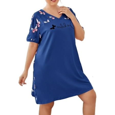 

Casual Slogan V neck Sleepshirts Blue Short Sleeve Plus Size Nightgowns & Sleepshirts S