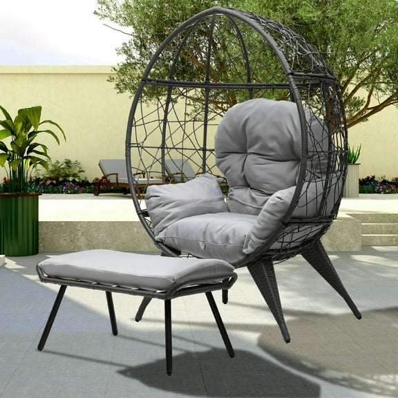 Uforic Outdoor Egg Chair with Stand and Ottoman, Cushioned Wicker Chair with PE Rattan Design, Footrest Included for Patio, Garden, Backyard, Porch, Gray