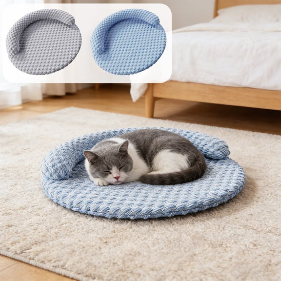 Yhmxh Cat Beds Pet Cooling Mat with Pillow for Indoor Cats, Summer Cooling Pet Bed with Removable Washable Cover Washable Round Fluffy Pet Bed for All Seasons