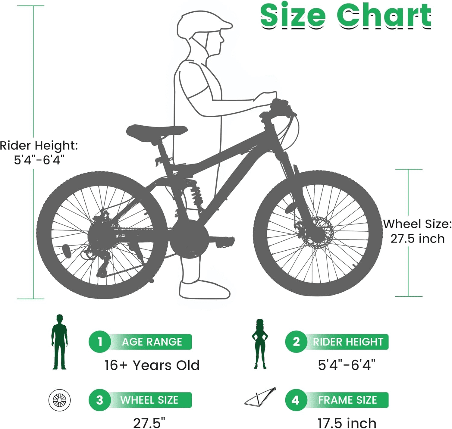 ESRIDOM 27.5" Mountain Bike for Adults, 21 Speed Full Suspension MTB, Dual Disc Brakes, High Carbon Steel Frame, 85% Pre-Assembled, for Men & Women