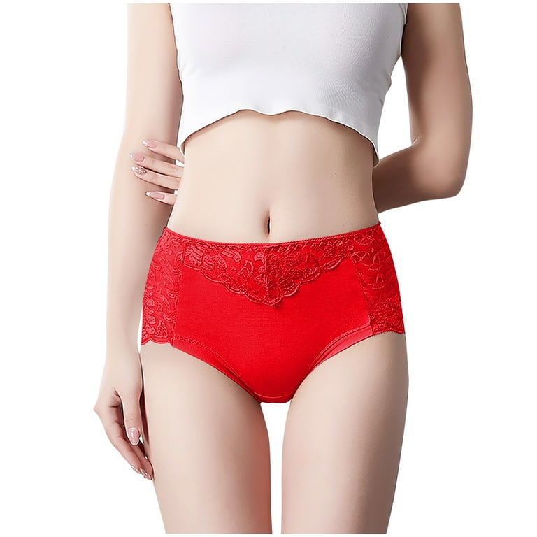 Qcmgmg Briefs Underwear Women Mid Waisted Lace Plus Size Breathable Solid  Panties Red XL 