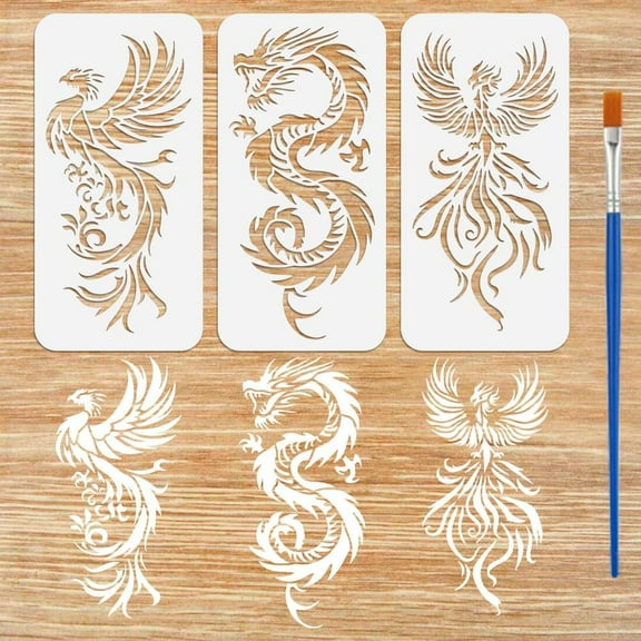3 PCS Dragon Phoenix Stencils for Painting with Brush 5.9x11.8inch Reusable Phoenix with Wings Template Hollowed Dragon Pattern Stencil Plastic Oriental Animal Theme Template for DIY
