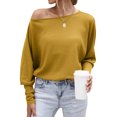 thumbnail image 1 of Women Pure Color Cold Shoulder Long Sleeves Oblique Shoulder Waffle Top, 1 of 6