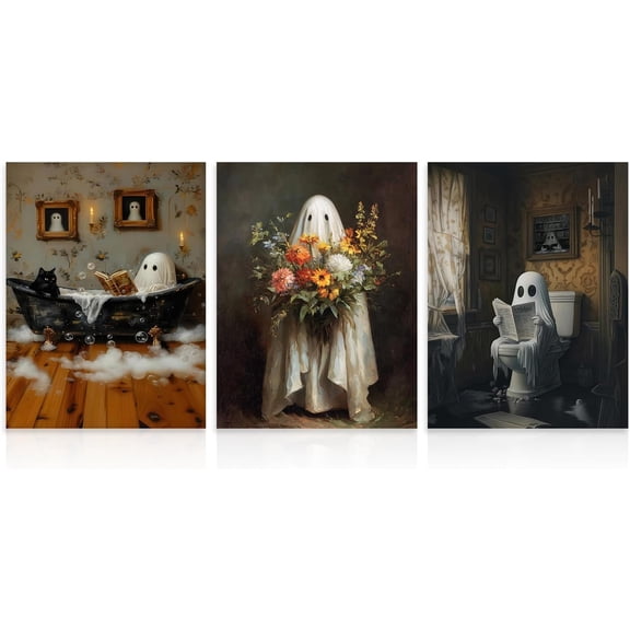Canvas Halloween Ghost Wall Art Decor Ghost in Bathroom Flower Dark Academia Halloween Wall Decor Gothic Artwork Print for Bathroom 12x16 in Unframed