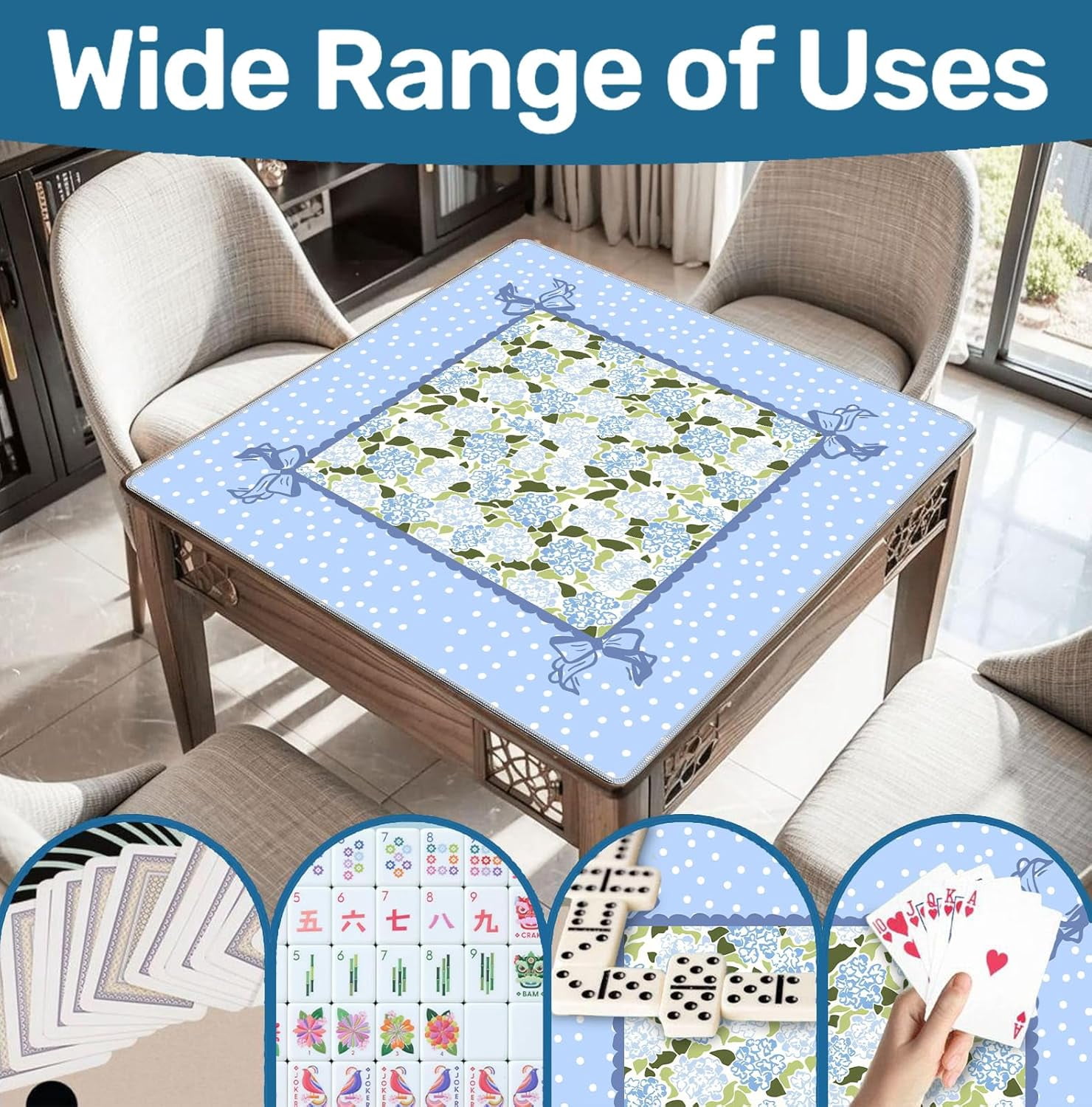 Coquette Blue Hydrangea Mahjong Mat 31.5" x 31.5",Blue and Green Floral Non-Slip Noise Reduction Mahjong Table Cover Accessories and Supplies for Dominoes Poker Card Board and Tile Games Gifts