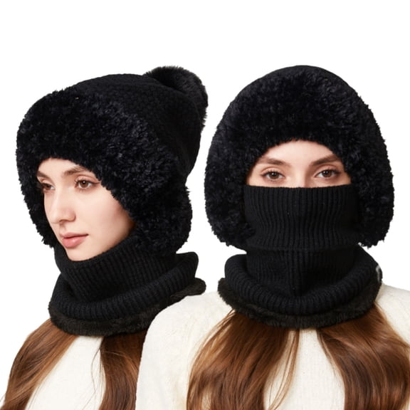 HNMKIU Winter Thermal Lined Scarf and Hat Set for Women Cold Weather Outdoor Activities Knitted Face Black,One Size