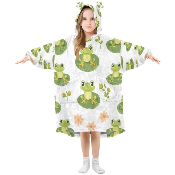 Wearable Blanket with Sleeves and Pocket Oversized Hooded Sweatshirt 3-14 YR Cute Frog Pattern S