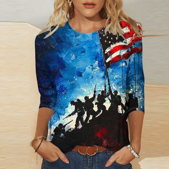 Aboser Womens America 250th Anniversary Tops Plus Size 3/4 Length Sleeve T Shirt Funny American Flag USA Shirts Summer Top Independence Day Patriotic Tshirts