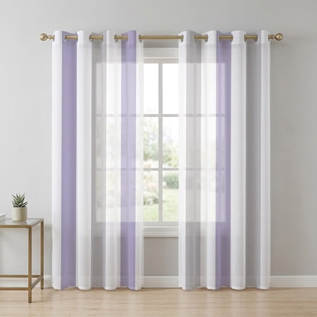 Light Purple Grey Stripe Sheer Curtains 90 Inch Long 2 Panels Classic Modern Light Filtering Semi Sheer Drapes Grommet Voile Window Curtain for Living Bedroom W52 x L90