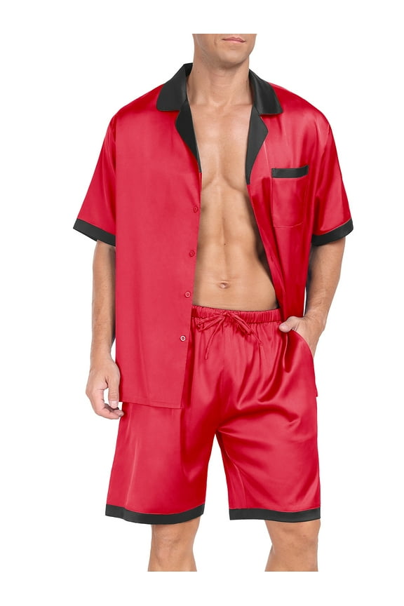 Men Satin Silk Pajamas Set with Pockets Sleepwear Shorts Satin Loungewear 2 Piece Button Down Set
