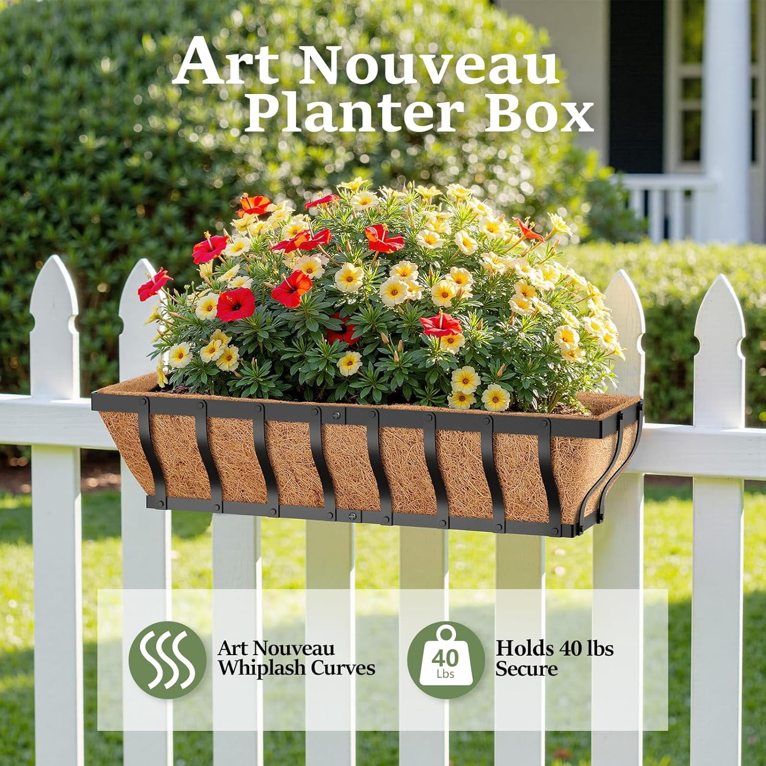 Heavy Duty Window Box Planters, Railing Planter Boxes, Adjustable Balcony Planters for Railing Hanging, with Coco Liner & Support Rod for Deck, Porch, and Patio Gardening