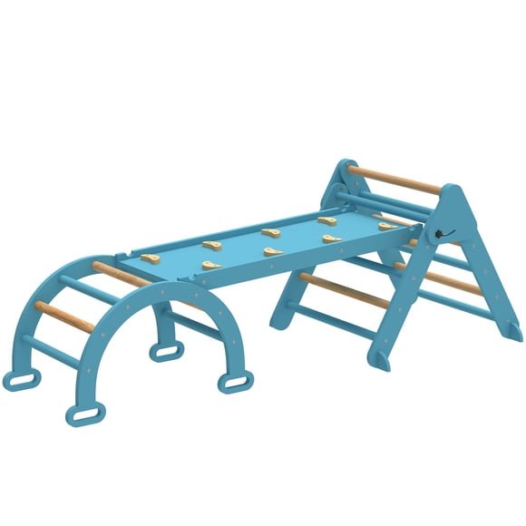Ensemble Triangle Pikler Pliable - Gymnase d'Escalade en Bois 7-en-1 avec Glissade et Arche - Bleu, Idéal pour le Jeu Intérieur et le Développement de l'Équilibre (74” x 27.6” x 23.2”)