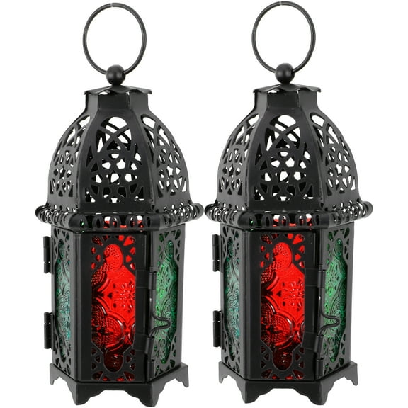 HEMOTON Moroccan Iron Candle Holders for Home Decoration 2 Pcs Multi Color Windproof Lanterns 6.3 Inches