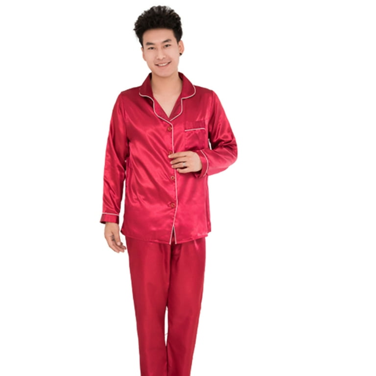 HEVIRGO Silk Satin Men Pajamas Set Fashion Sleepwear Couple Solid Color Long  Sleeve Suit 