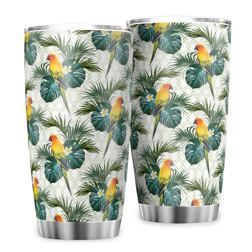 Tropical Palm Bird Tumbler With Flip Lid Stainless Steel Coffee Cups