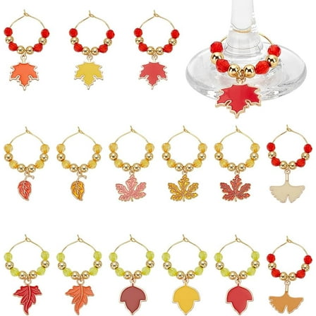 15Pcs Leaf Wine Charms Wine Glass Tags Identification Wine Glass Rings for Thanksgiving Wine Tasting Party Favors Decorations