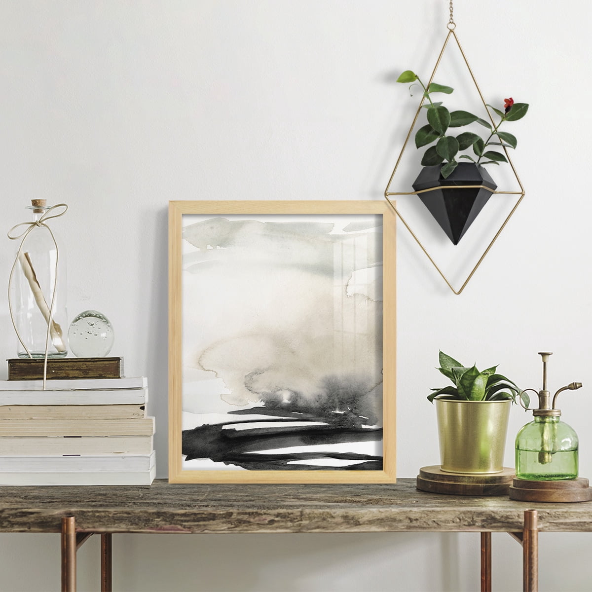 Ebony Horizon Triptych I - Framed Print w/glass - Natural Wood