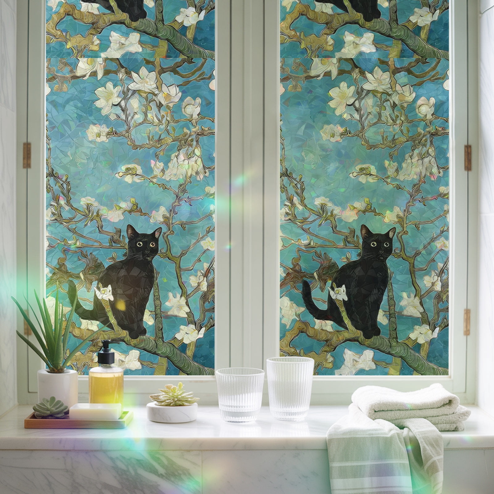 Funny Black Cat Window Privacy Film Blossom White Floral Branches
