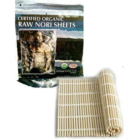 Raw Organic Nori Sheets 50 qty Pack + Free Sushi Roller Mat Vegan Certified Kosher Sushi Wrap Papers Unheated