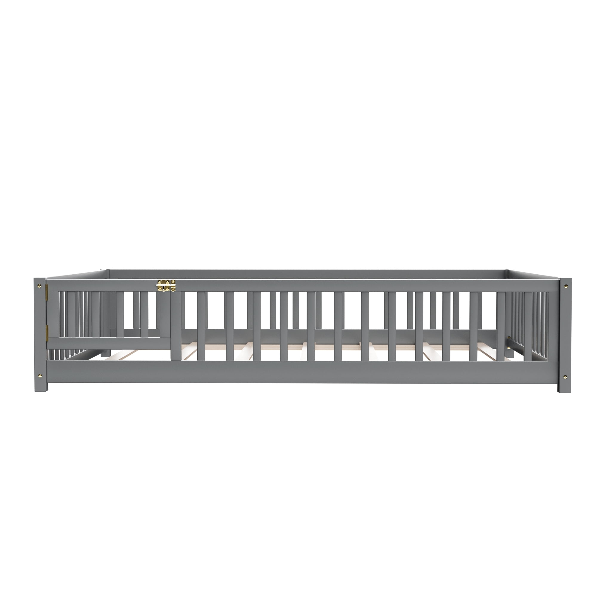 Full Floor Bed Frame for Toddler, Montessori Floor Bed with Fence and Wood Slats, Low Wood Platform Beds for Girls Boys Kids Happy Time, Gray