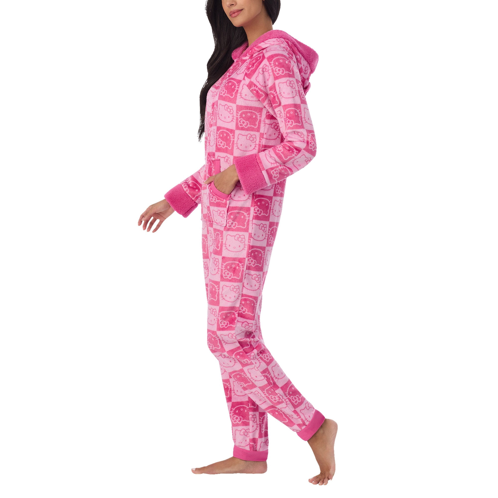 Women's One-Piece Onesie Cozy Lounge Fleece Pajama in Pink / Hello Kitty Sanrio (L)