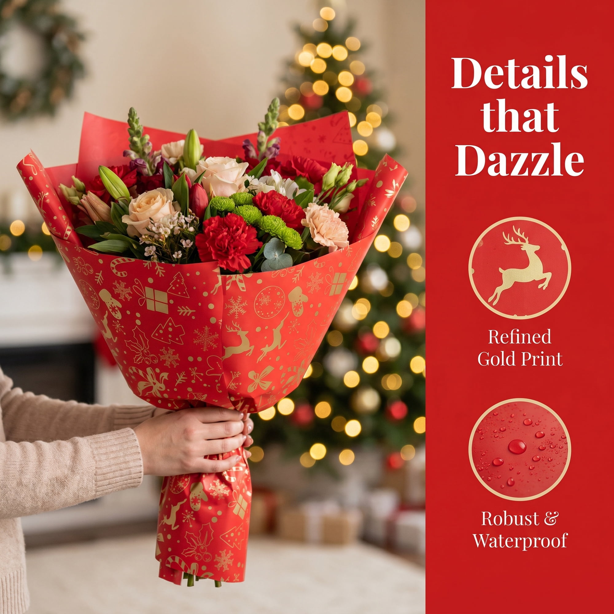 Unique Bargains Waterproof Matte Gift Wrap Paper for Bouquets Red Reindeer 22"x 22"