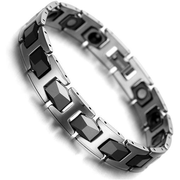 8.0" Mens Silver & Black Two-Tone Faceted Magnetic Tungsten Bracelet Fancy Box