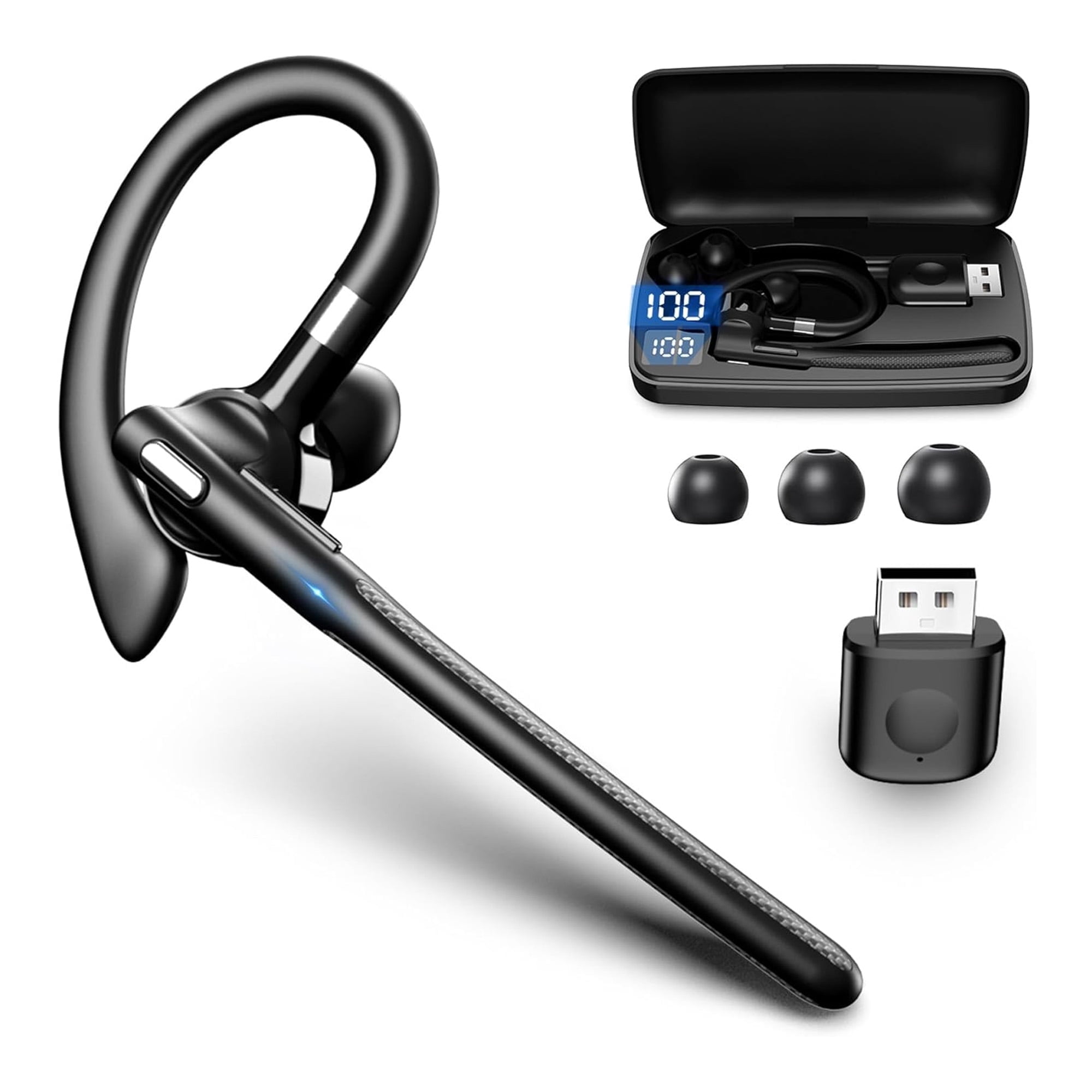 Bluetooth Headset, Wireless Earpiece with 500mAh Charging Case Hands Free Noise Canceling Headphones with Dual-Mic for Computer Cell Phones Trucker Home Office Work