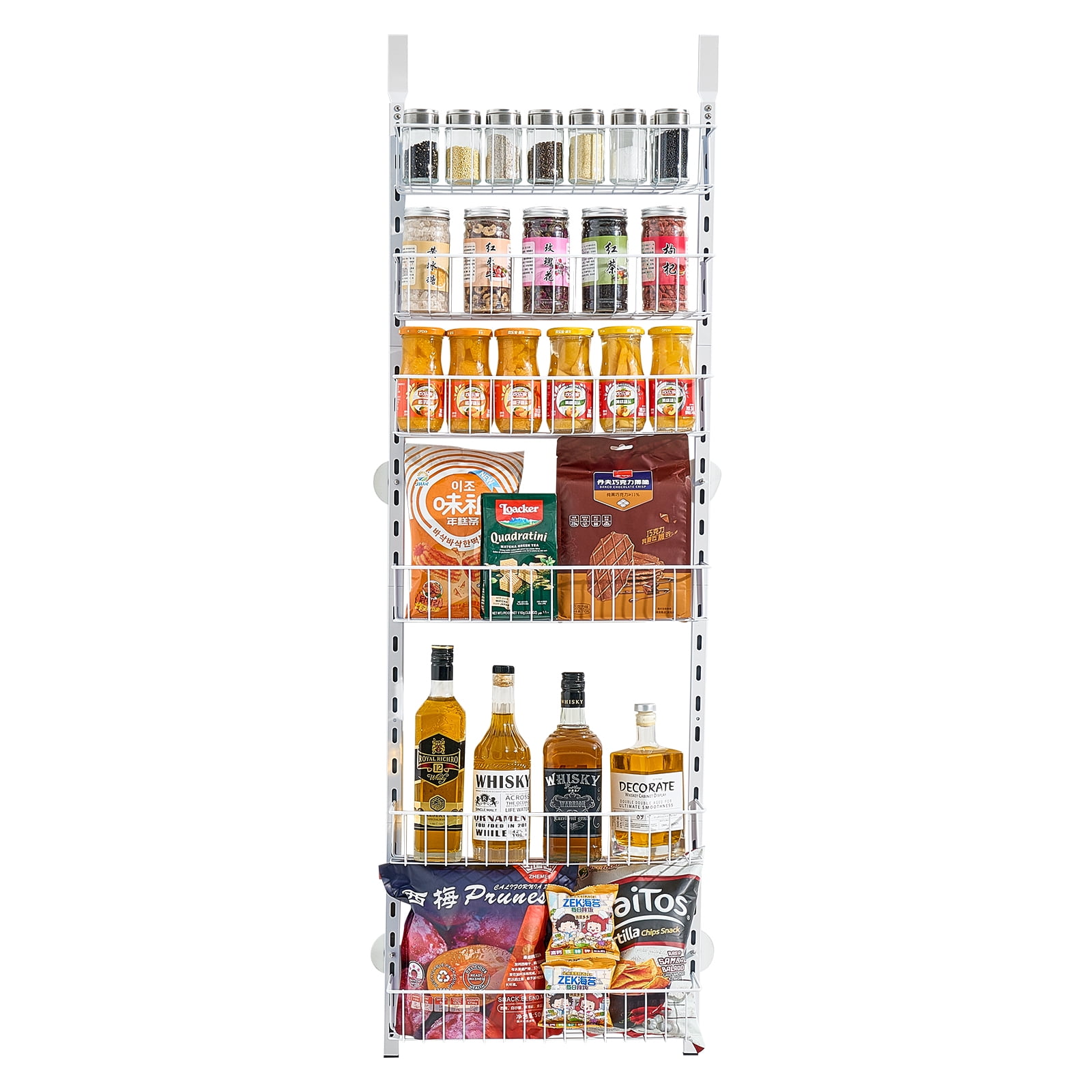 KFFKFF Door-Mounted Pantry Organizer, 6-Level Storage Solution, Robust Steel Constructed Spice Holder, Wall-Mounted Adjustable Seasoning Racks, Suitable for Kitchen, Laundry Room, Bathroom, White