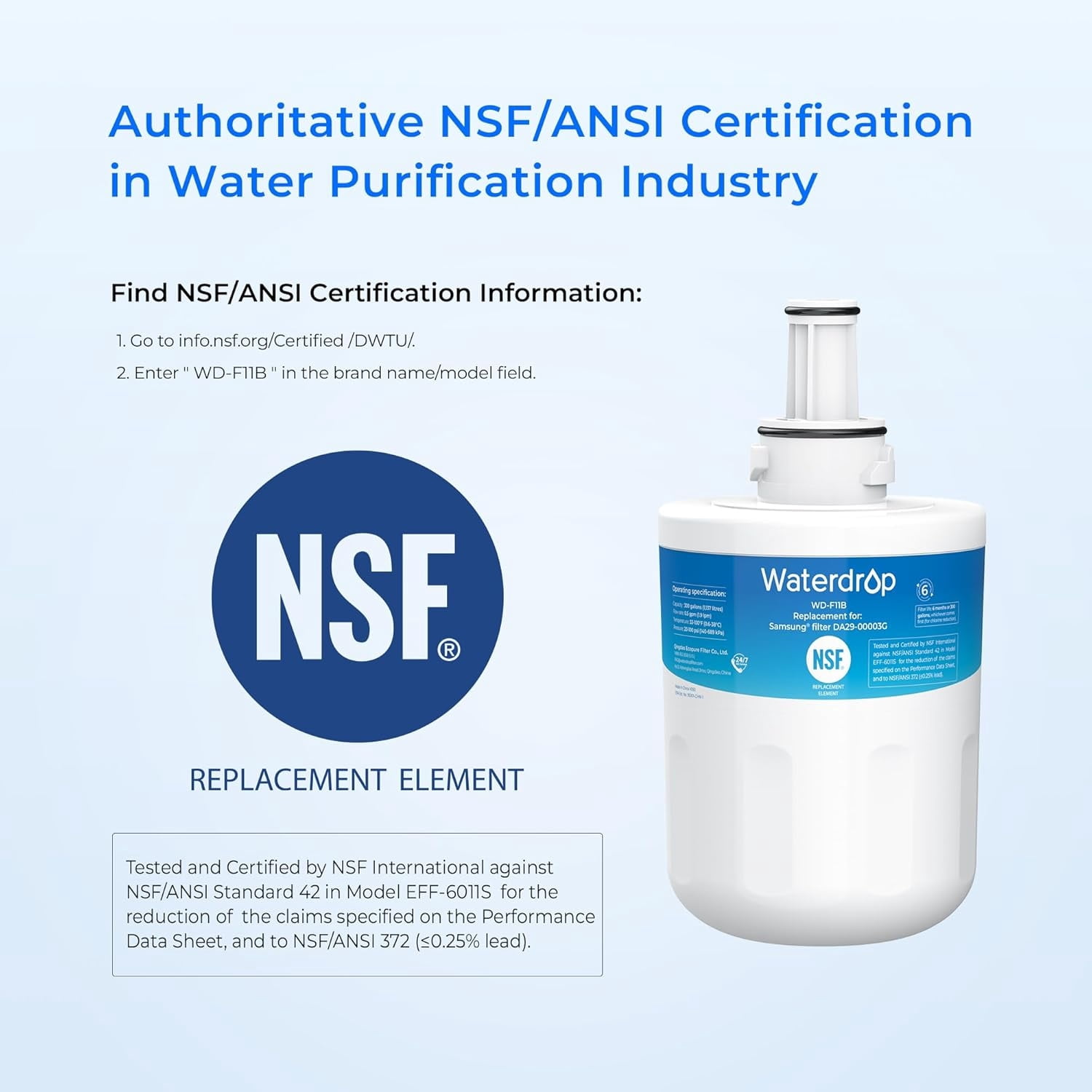 Waterdrop F11 Refrigerator Water Filter Replacement for Samsung® DA29-00003G, DA29-00003B, DA29-00003A, Aqua-Pure Plus, HAFCU1, RFG237AARS, FMS-1, RS22HDHPNSR, RSG257AARS, WSS-1，6 Pack
