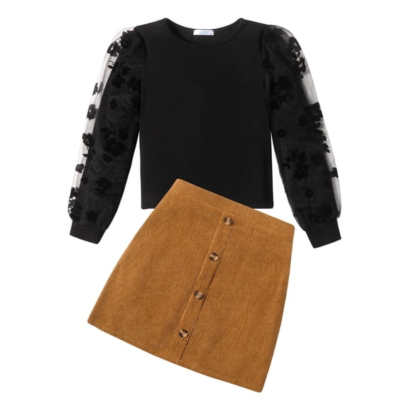 Arshiner Girl's Skirt Sets Casual Fall Outfits Corduroy Skirt and Long Sleeve Rib Knit Shirt Tops Trendy 2 Piece Clothes