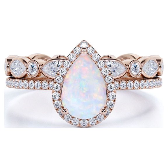 JeenMata 1.25 ct Halo Pear Shaped Opal and Moissanite Engagement Ring Set in 18K Rose Gold over Silver