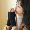 thumbnail image 2 of Guantes sencillos de lana para otoño e invierno, resistentes al frío y que combinan con todo, con dedos expuestos para mujeres, con pantalla táctil para estudiantes, con pulsera de punto, 2 of 6
