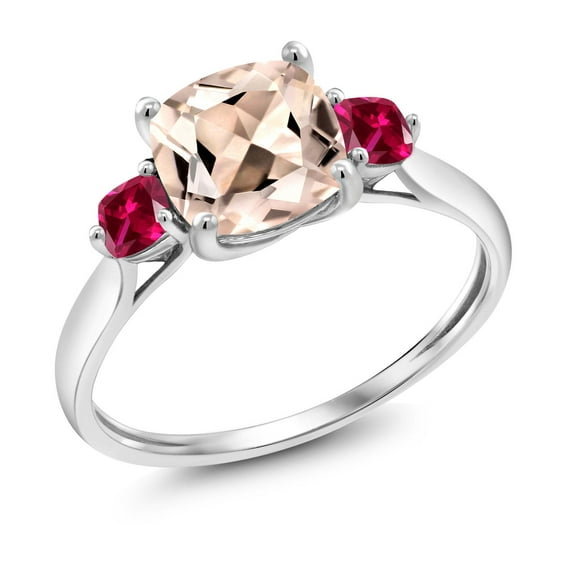 Gem Stone King 10K White Gold Peach Morganite and Red Created Ruby 3 Stone Engagement Ring for Women | 1.60 Cttw | Gemstone Birthstone | Cushion 7MM and 3MM (Size 6)