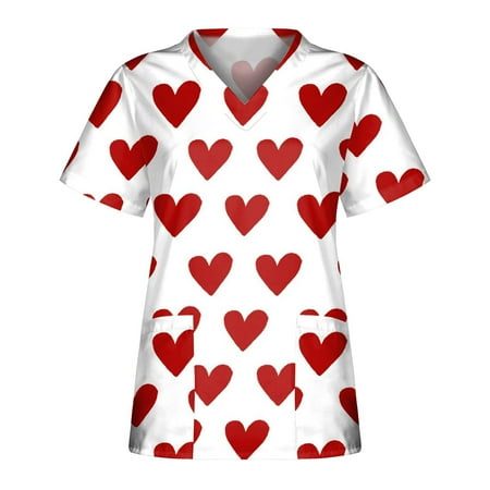 

Scrub Tops Women Valentine s Day Love Heart Printed V-Neck Nurse Uniforms Short Sleeve Workwear Scrubs with Pockets