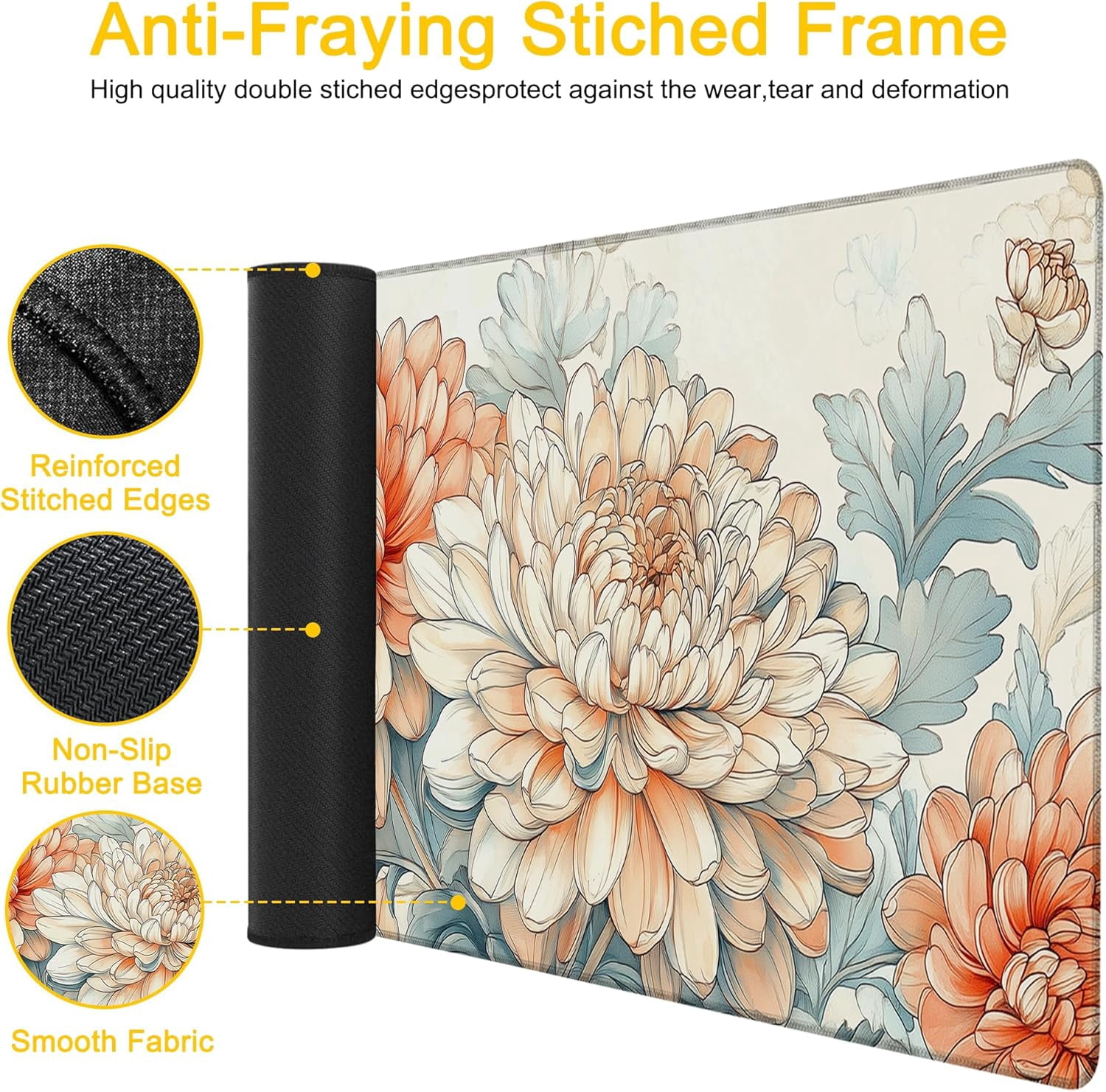 Desk Mat Blooming Chrysanthemums Desk Pad for Keyboard and Mouse, Large Big Gaming Mouse Pad with Stitched Edges for Work Game, 35.43 x 15.75 in