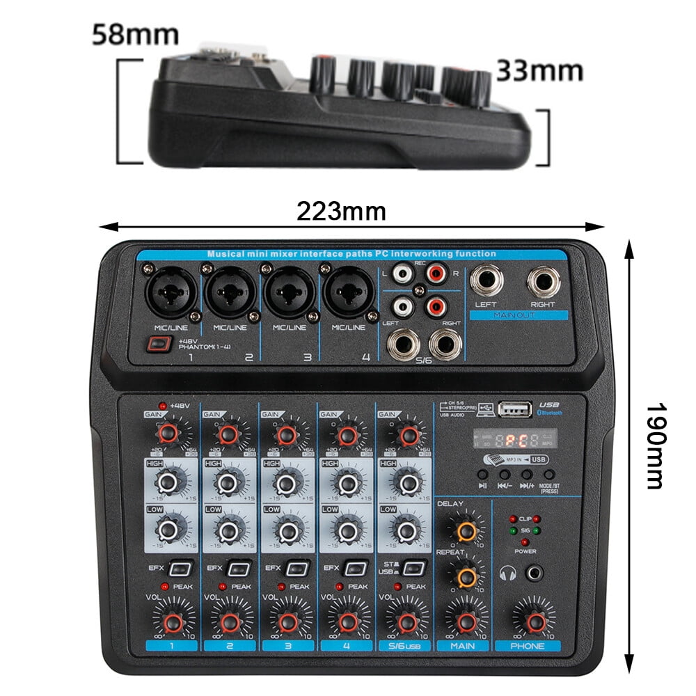 6 Channel Live Studio Audio Mixer USB Bluetooth DJ Sound Mixing Console Amplifie