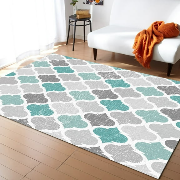 Area Rugs 5x7 Ft Geometric Morocco Quatrefoil Lattice Turquoise Grey Non-Slip Washable Rug Indoor Rug Floor Mats Non Shedding Carpet for Living Room Bedroom Dining Room Home Decor