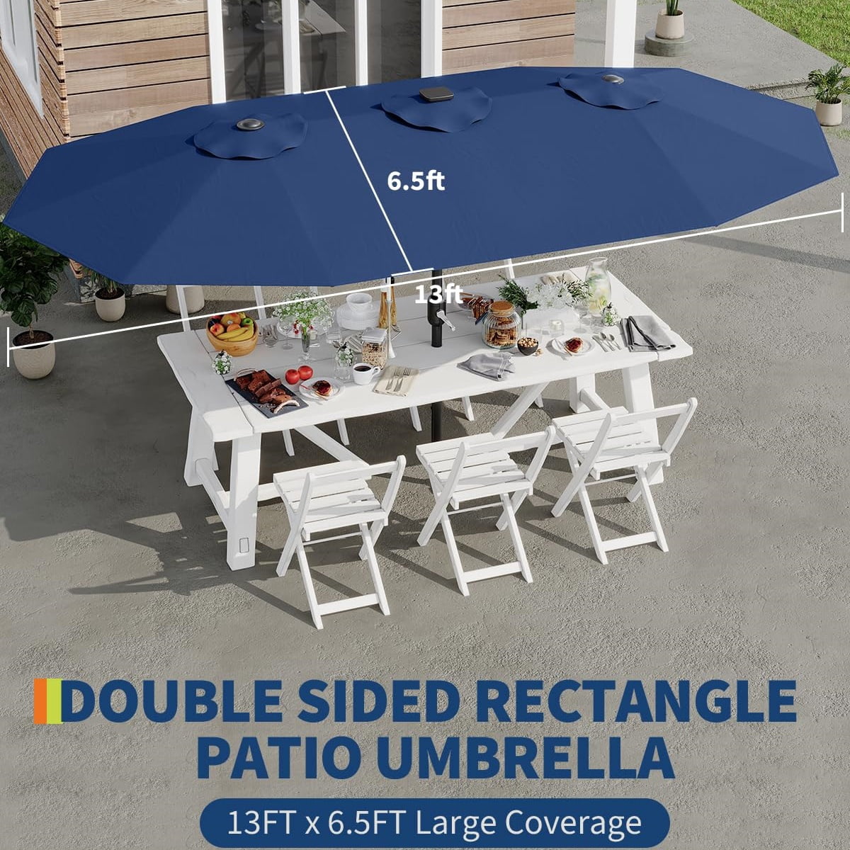 WildBreak Triple Size Large Patio Umbrella, with Crank Handle, Double-Sided, 13' x 6.5', Blue