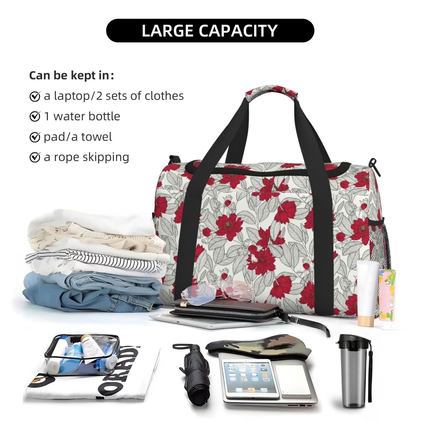 Fuzoiu Leaves And Anemone Flowers In Red Grey Print Travel Duffle Bag,Carry On Tote Bags,Duffel Bag,Sport Gym Bag, Hospital Bag for Labor and Delivery, Overnight Bag,Luggage Bag