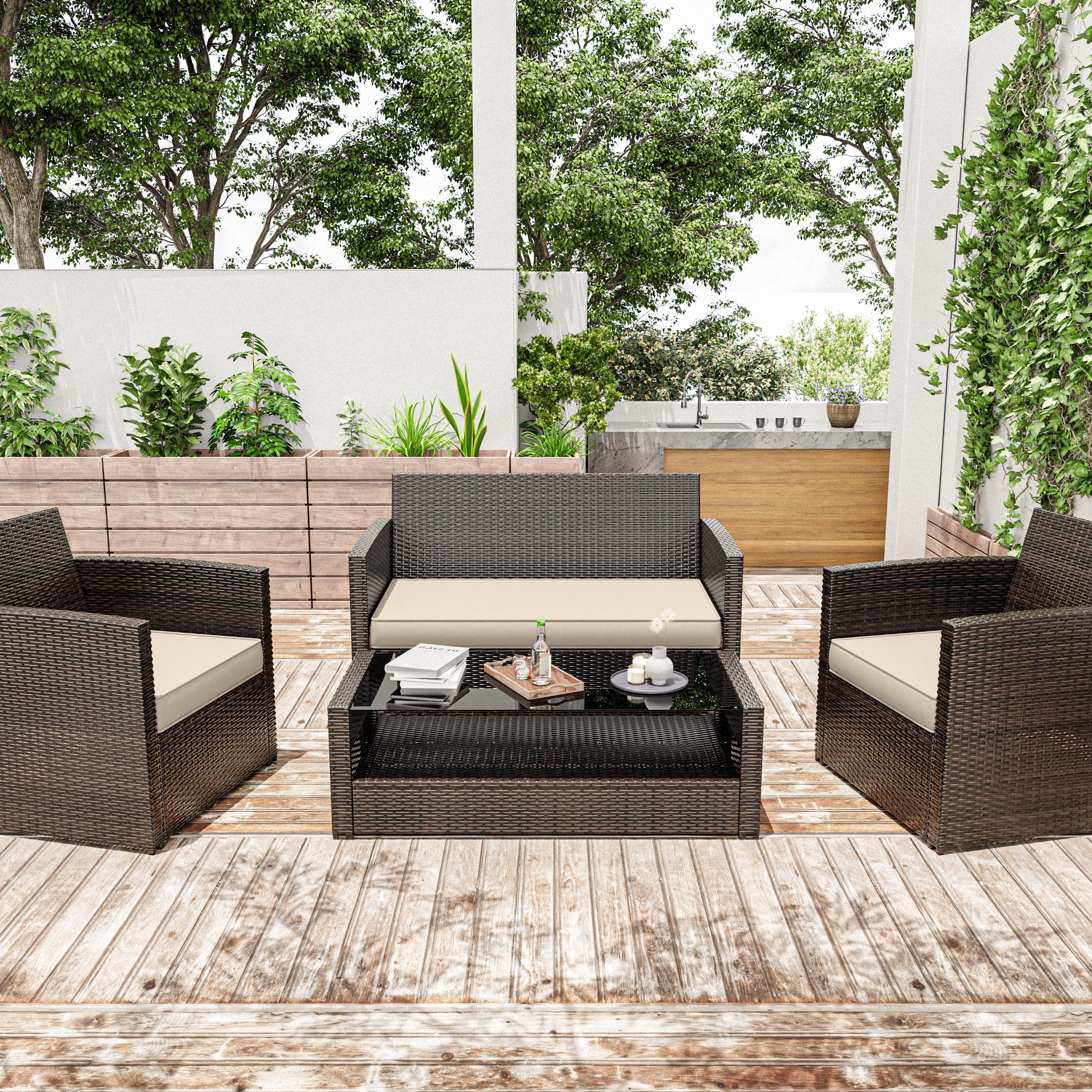 Snubbull 3 Pack Outdoor Replacement Cushions for 4-Seater Wicker Rattan Loveseat Sofa Chair Patio Furniture, 36 x 18 x 3,18 x 18 x 3, Cream