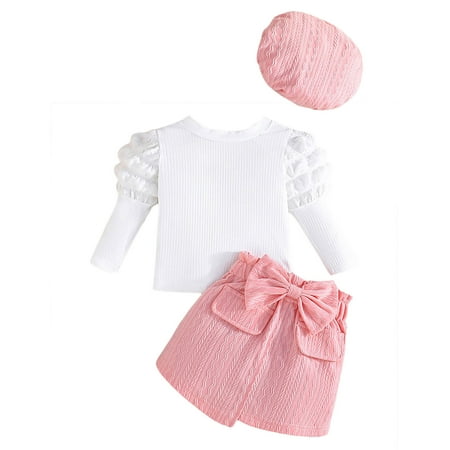 

QBGSAY Little Child Outfits Sets Girl S White Bubble Princess Style Sleeve Top Bow Striped Half Skirt Hat Three Piece Set Piece Casual Clothing