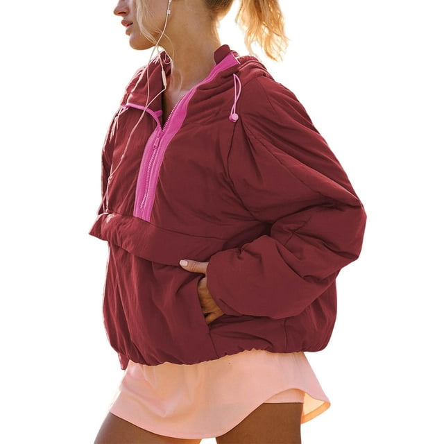 Veste Ample à Manches Longues pour Femmes, Col Rond, Demi-Fermeture à Glissière, avec Capuche et Cordon de Serrage, Rouge Profond, TTG