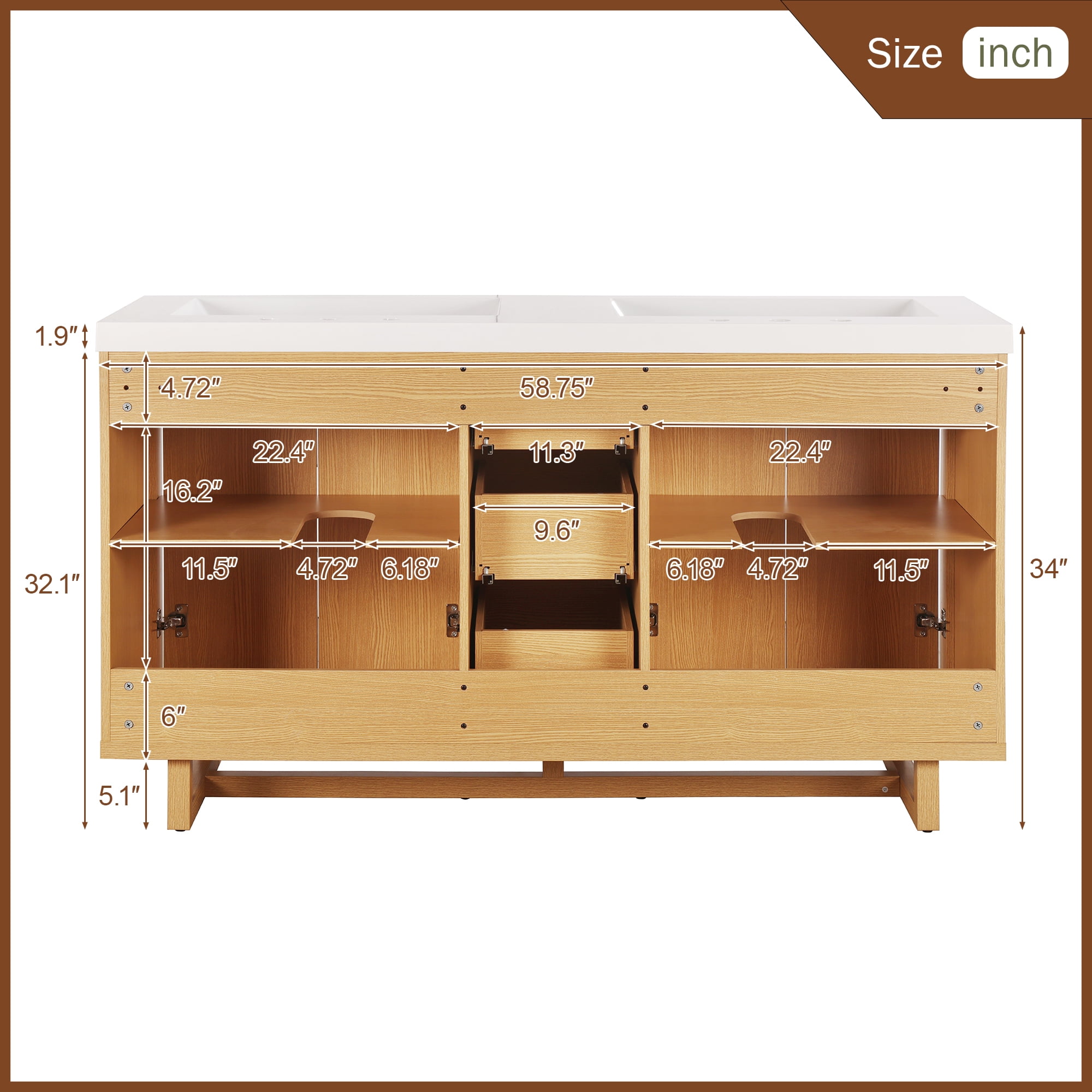 Harper & Bright Designs 59.3'' Bathroom Vanity with Double Sink, Free Standing Single Basin Vanity Set with 4 Doors & 3 Drawers, Handle-Free Design, Soft-Close Hinges, Hidden Drawer Slides, Wood