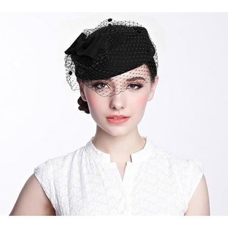 Pillbox Hat, Aniwon Wedding Cocktail Party Hat with Veil Vintage Bow Fascinator Hats for Women Ladies Girls(Black)