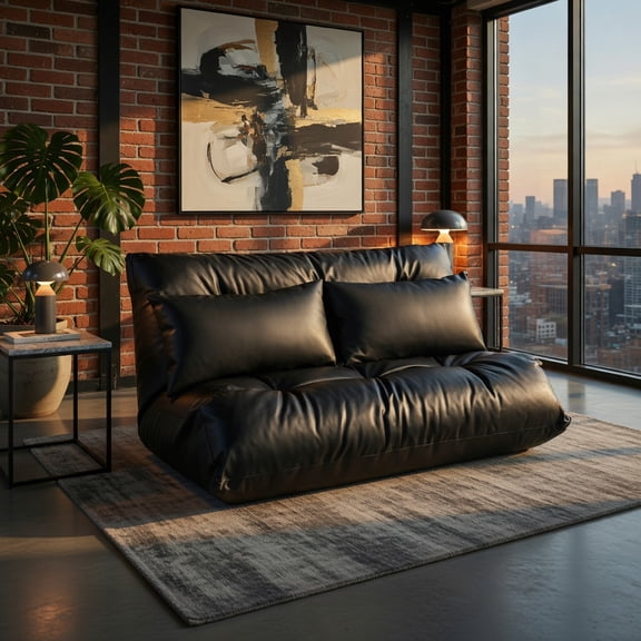 Demi Bonn PU Leather Leisure Floor Sofa Bed, Folding Sleeper Chair Sofa Bed, Foldable PU Leather Leisure Floor Sofa Bed with 2 Pillows, for Living Room, Bedroom, Black