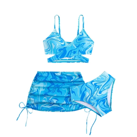 Girls Swimsuits Size 14-16 3 Pieces Quick Dry Bathing Suit Tie-Straps Contrast Trim Bikini Sets for Girls Ruffle Ruched Rash Guard Tankini Swimwear with Cover Up Beach Skirt
