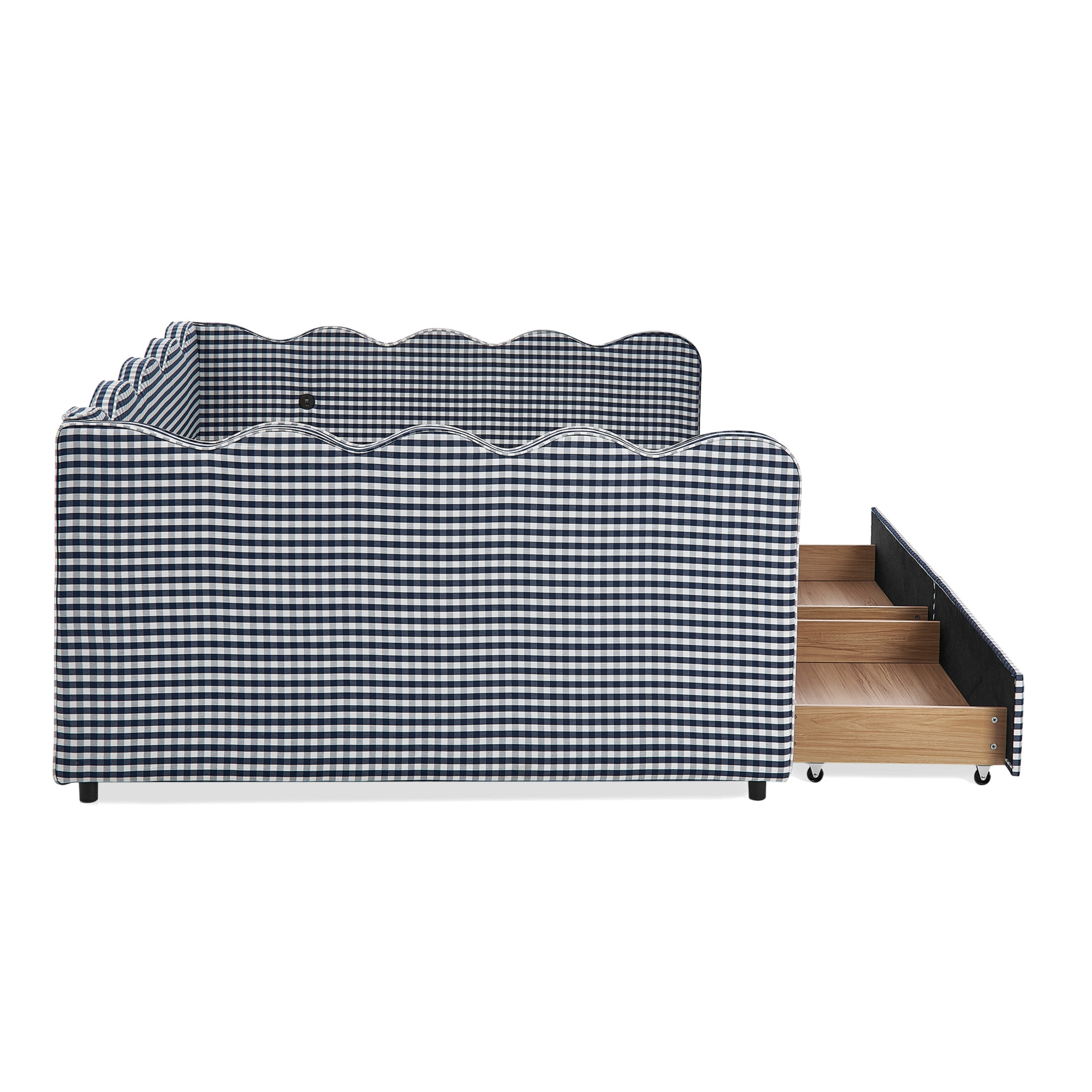 Noble House Corlan Queen Size Waved Daybed, Cozy Gingham Linen Sofa Bed with Storage Drawers and Charging Port, Navy Blue