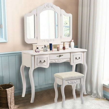 costway tri folding vintage white vanity makeup dressing table set bathroom  5 drawers &stool